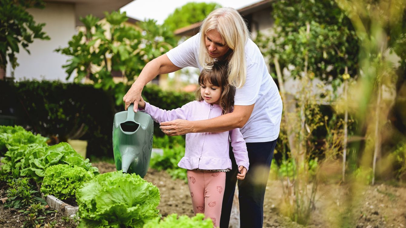 Mädchen und Großmutter gießen im Garten gemeinsam ein Salatbeet