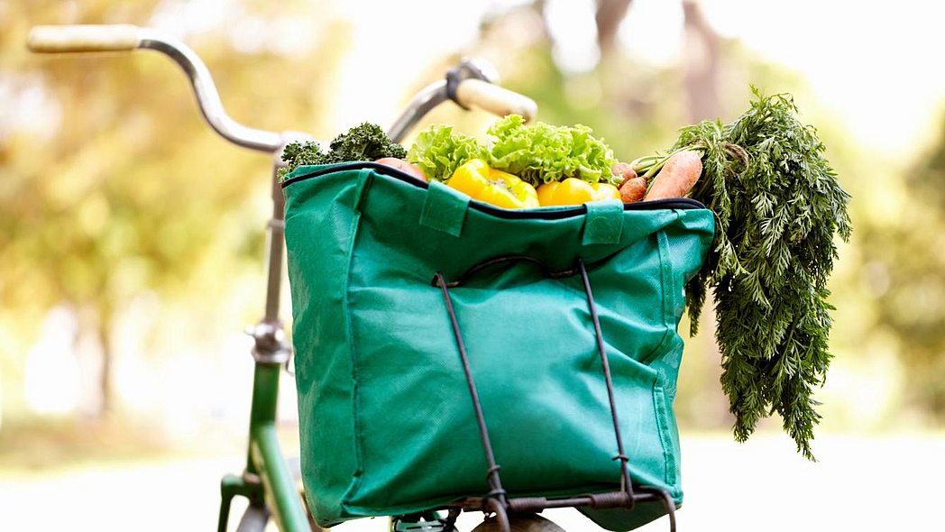 Einkaufstasche mit Gemüse auf einem Fahrradgepäckträger