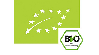 EU-Bio Logo und das deutsche Bio-Siegel Logo des EU-Bio-Siegels. Grüner Hintergrund mit weißen Sternen, rechts unten ein Sechseck mit dem Wort Bio.