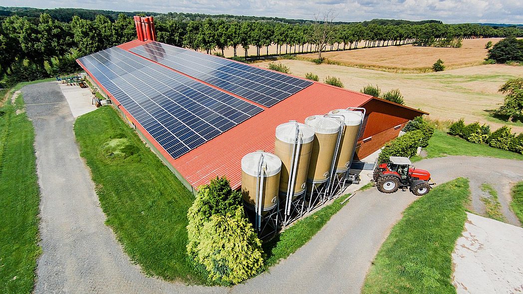 Stallgebäude mit Fotovoltaikanlage aus der Vogelperspektive