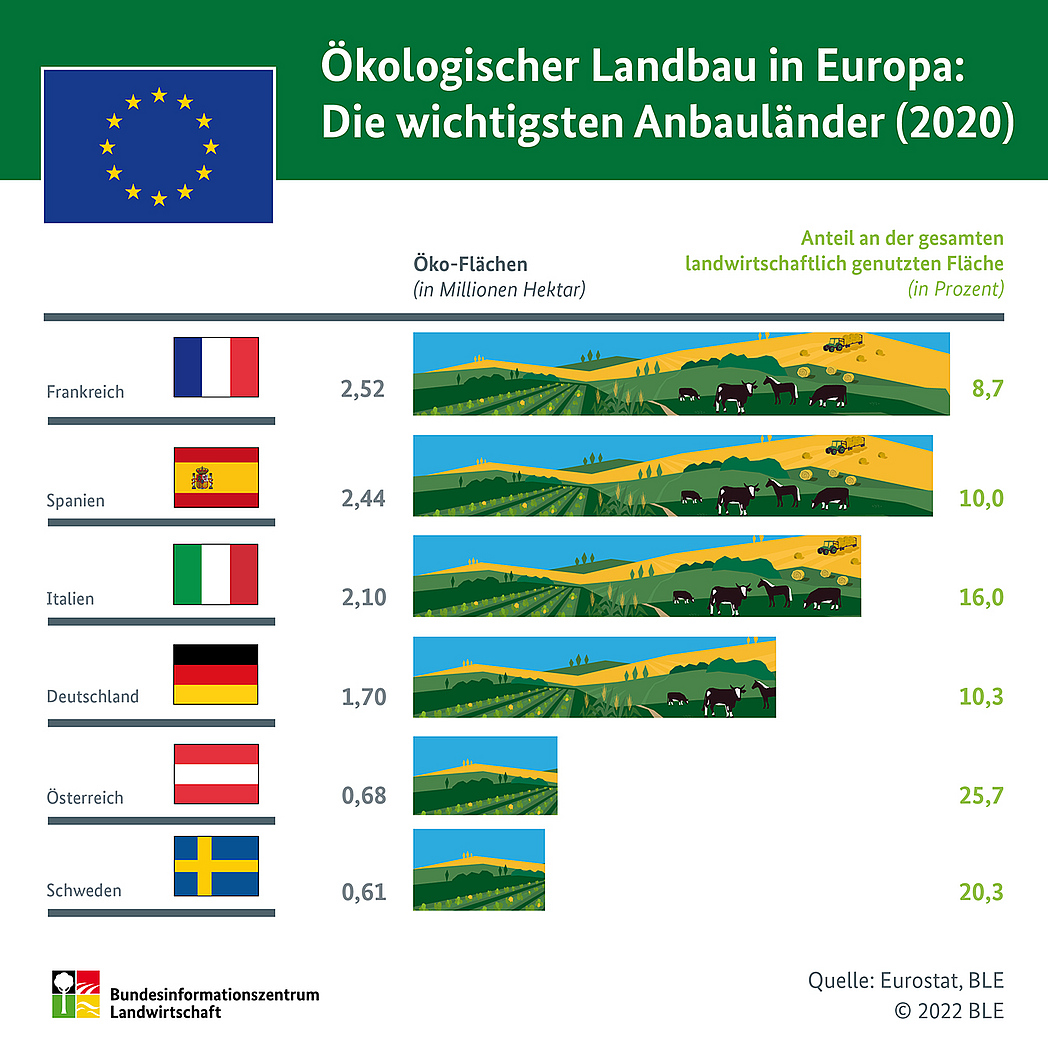 BZL-Infografik: Ökologischer Landbau in Europa - Die wichtigsten Anbauländer (2020)