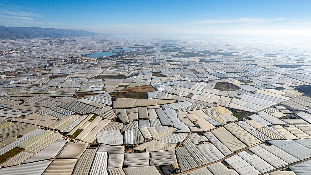 Luftaufnahme: dichtstehende Gewächshäuser in Almeria, Spanien
